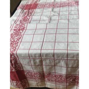 NAPPE DAMASSEE CARREE  - XXème -ROUGE ET BLANCHE