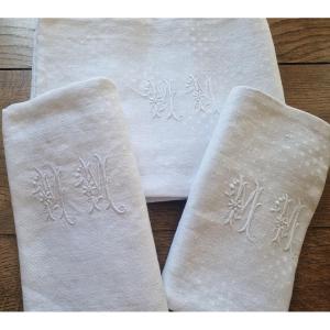 Six Table Clothes - XIXth C. - Damasse - White - Monogram 