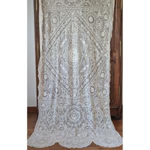 Ancient Voilage Style Curtain Panel - End Of The XIXth Century- Important Embroidery And Dentelles