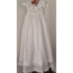 ROBE DE BAPTEME - LINON REBRODE - ENCOLURE BATEAU - FIN XIXème -BLANCHE