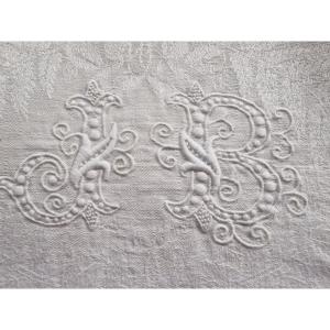 Set Of 11 Napkins - Antique Linen Damask - Large Hand-embroidered Monogram