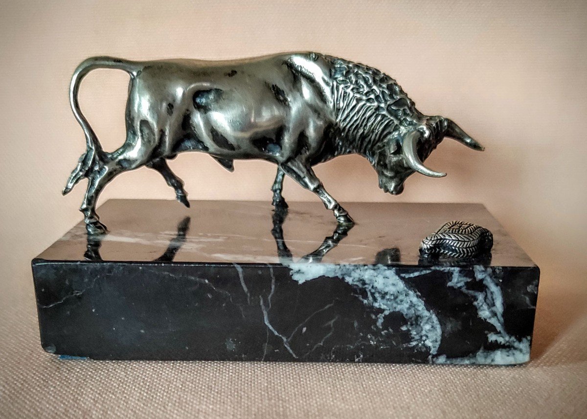 Petite  Sculpture  Taureau   Argent  et  Marbre  Début  XXème-photo-2