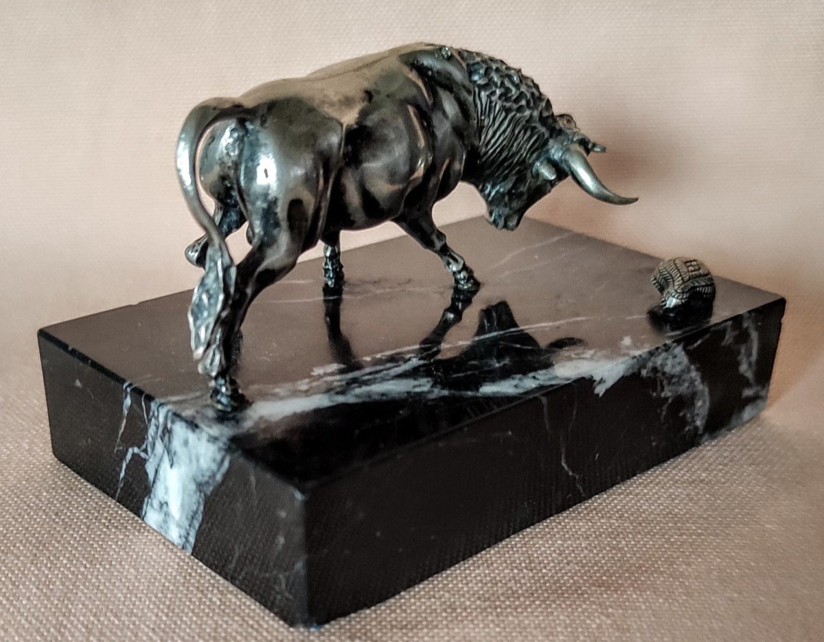 Petite  Sculpture  Taureau   Argent  et  Marbre  Début  XXème-photo-4