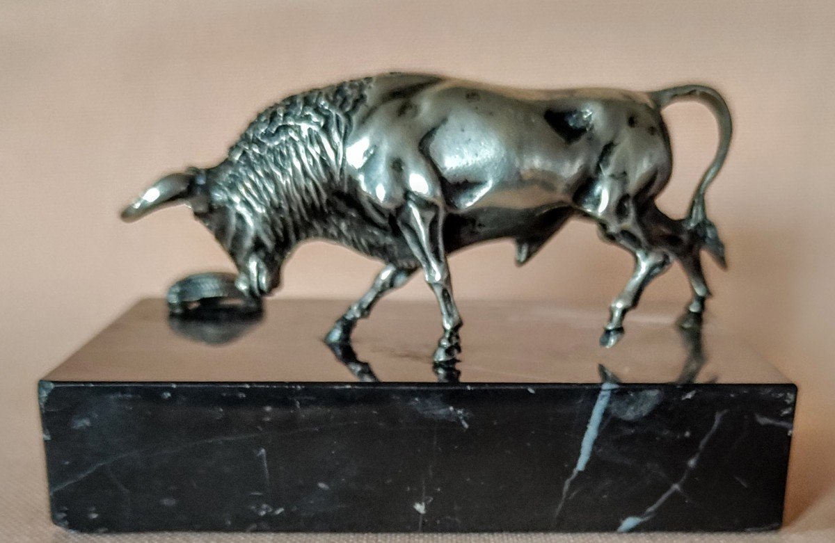 Petite  Sculpture  Taureau   Argent  et  Marbre  Début  XXème-photo-1