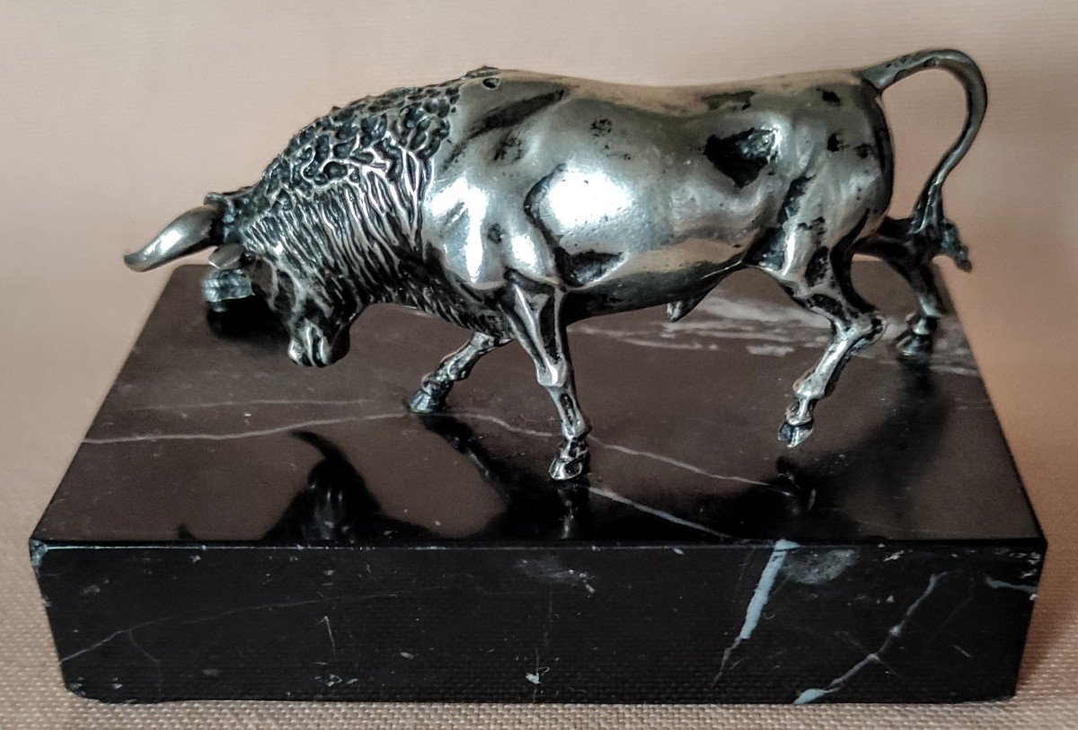 Petite  Sculpture  Taureau   Argent  et  Marbre  Début  XXème-photo-6