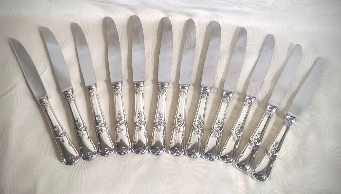 Set Of 12 Louis XV Style Silver Plated Cheese Knives -photo-2