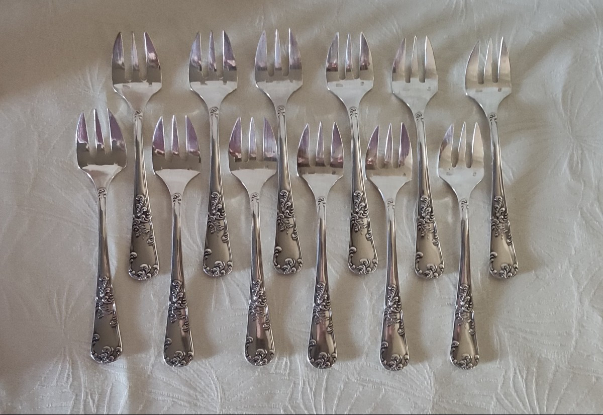 12 Louis XV Style Oyster Forks Silver Plated Metal "cailard Bayard"