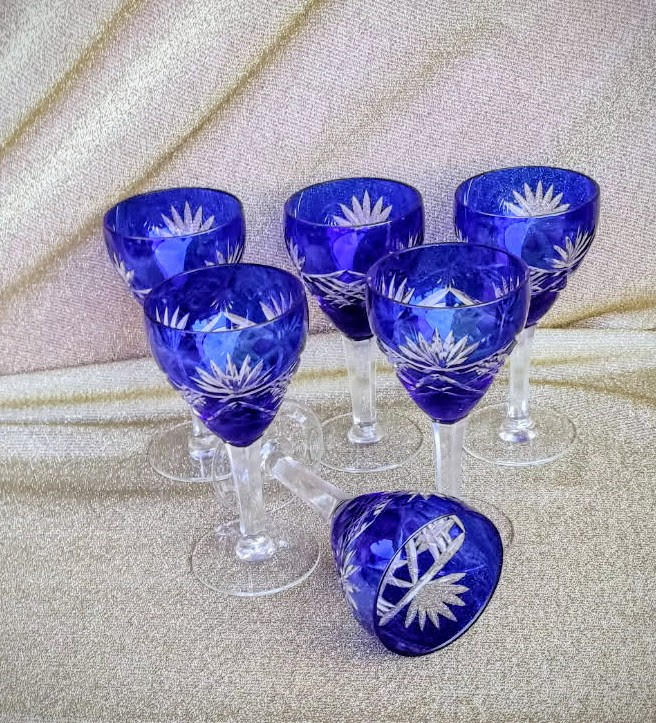 6 Bohemian Crystal White Wine Glasses-photo-2