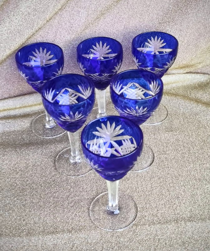 6 Bohemian Crystal White Wine Glasses