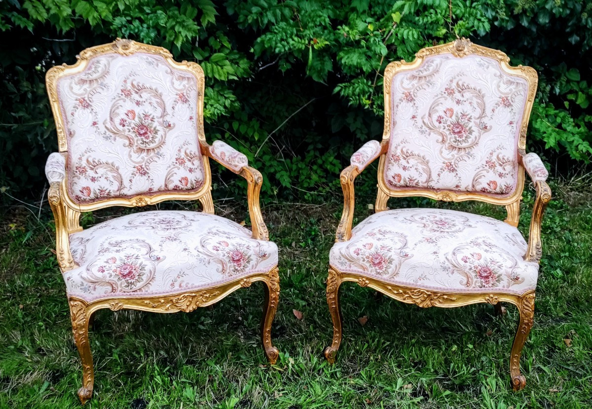 Louis XV Style Living Room In Gilded Wood With Sofa And 2 Armchairs -photo-2