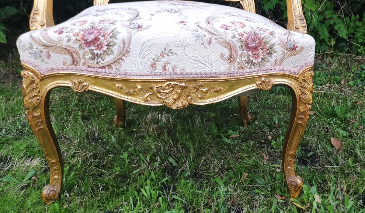 Louis XV Style Living Room In Gilded Wood With Sofa And 2 Armchairs -photo-3