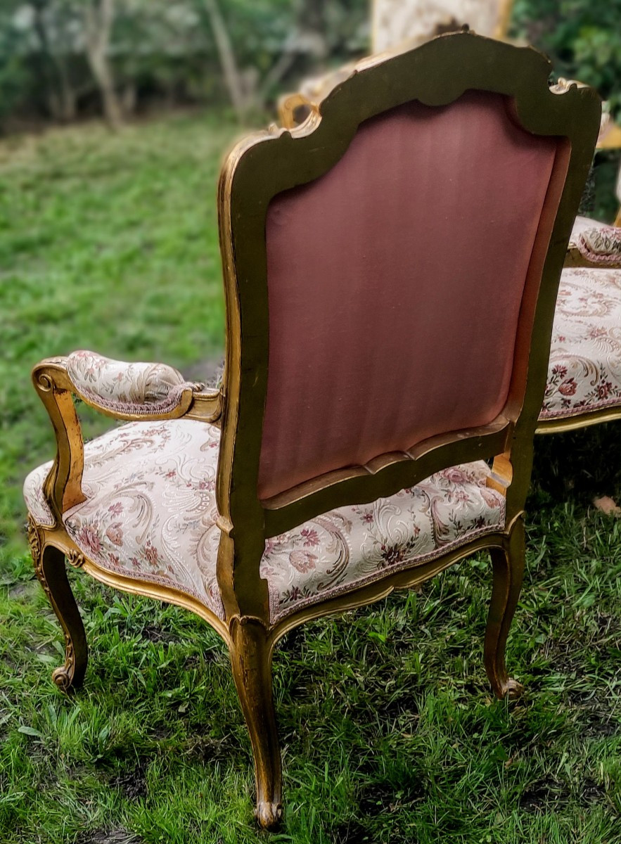 Louis XV Style Living Room In Gilded Wood With Sofa And 2 Armchairs -photo-3