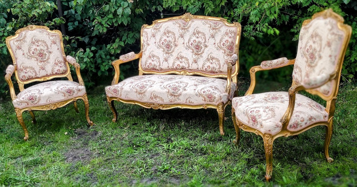 Louis XV Style Living Room In Gilded Wood With Sofa And 2 Armchairs -photo-7