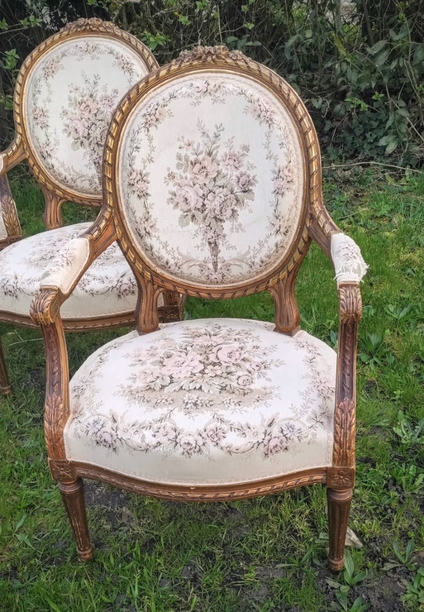 Salon  Bois  Doré  Style  Louis  XVI  Banquette  et  Deux  Fauteuils -photo-3