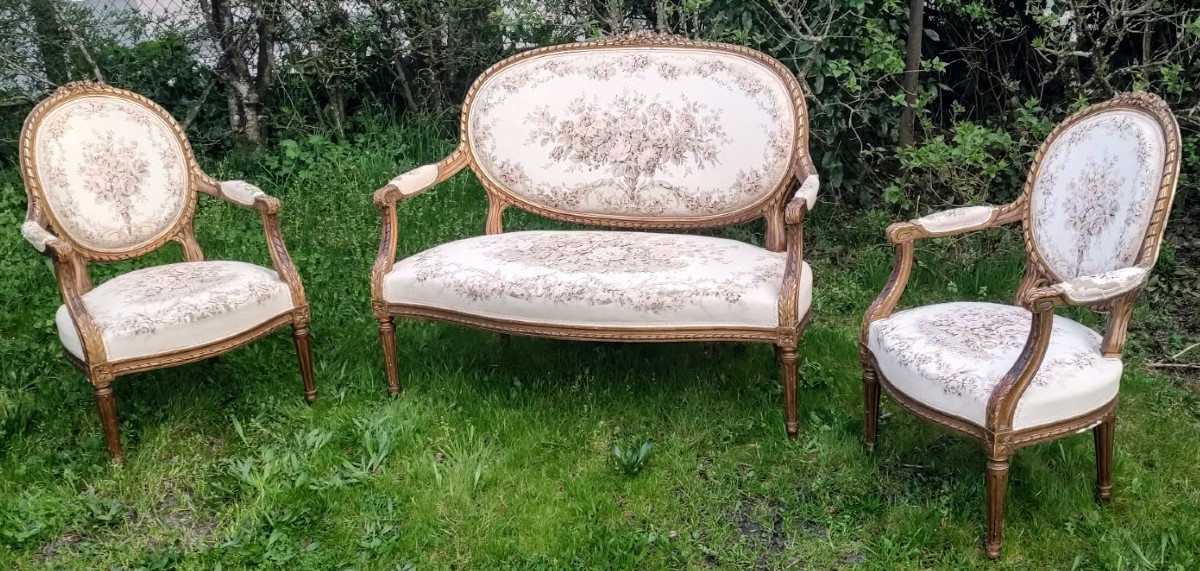 Salon  Bois  Doré  Style  Louis  XVI  Banquette  et  Deux  Fauteuils 