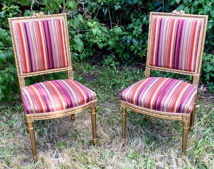 Pair Of Louis XVI Style Chairs Gilded Wood Late 19th Century
