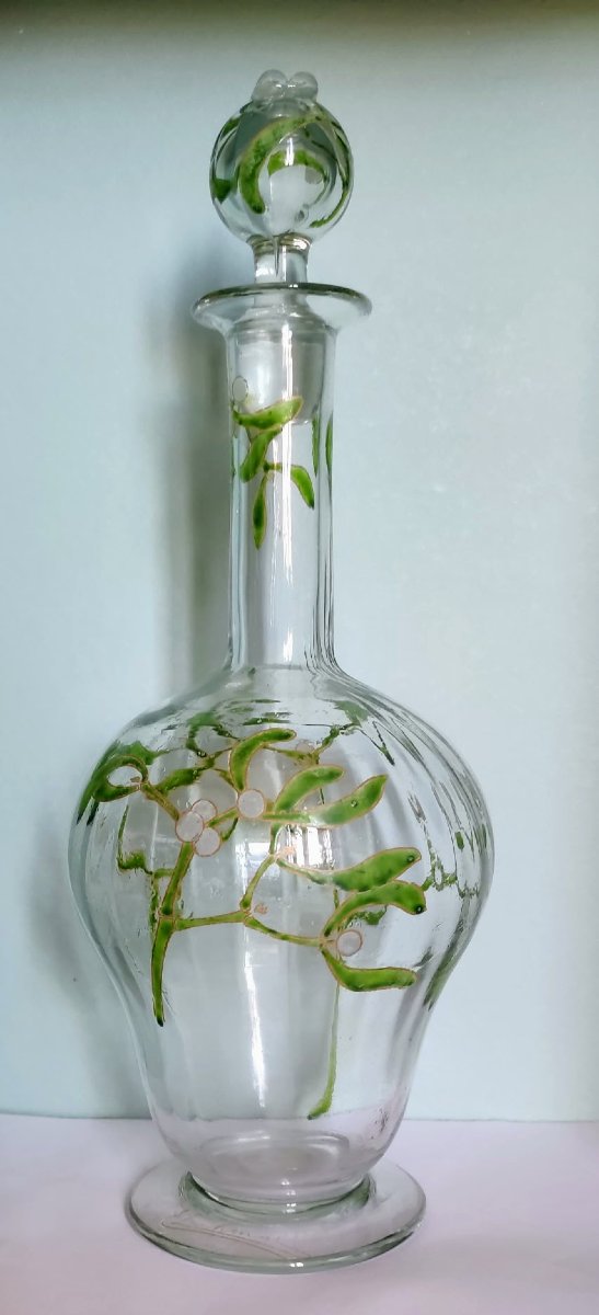 Edmond Lachenal Enameled Carafe With Mistletoe Branches Design, Art Nouveau-photo-2
