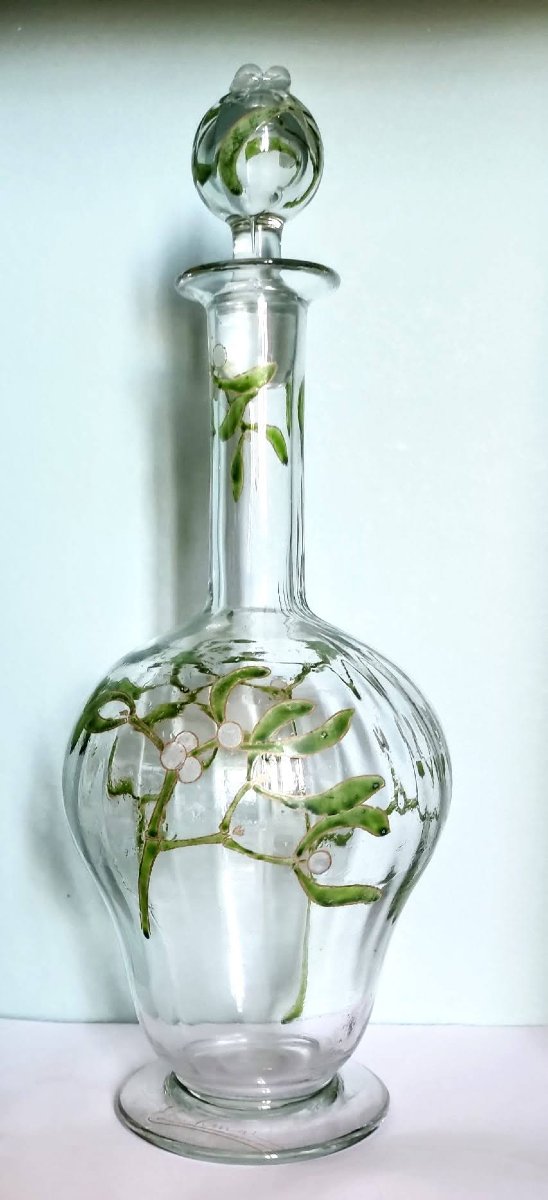 Edmond Lachenal Enameled Carafe With Mistletoe Branches Design, Art Nouveau