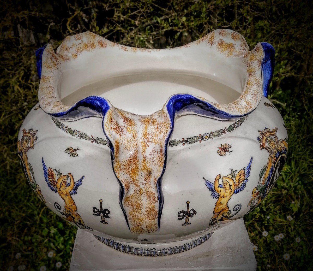 Cache   Pot en  Faïence  de  Gien   XIX ème   décor   Renaissance   Italienne-photo-4
