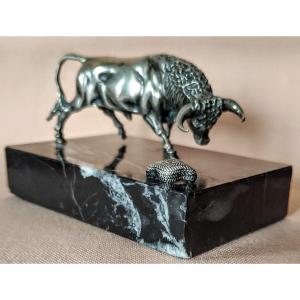 Small  Silver  Bronze  Bull  Early  20th  Century