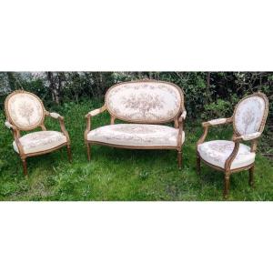 Salon Bois Doré Style Louis XVI Banquette et Deux Fauteuils