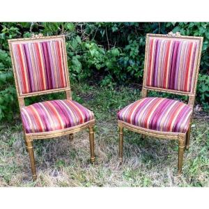 Pair Of Louis XVI Style Chairs Gilded Wood Late 19th Century