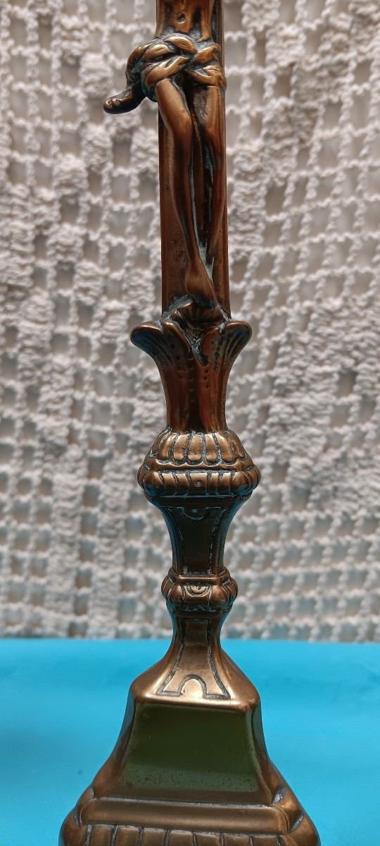 18th Century Bronze Crucifix And Candlestick Set-photo-4