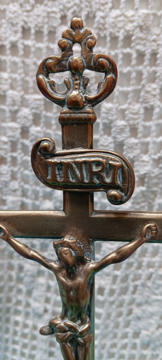 18th Century Bronze Crucifix And Candlestick Set-photo-1