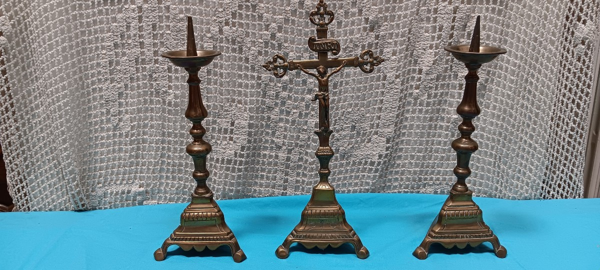 18th Century Bronze Crucifix And Candlestick Set