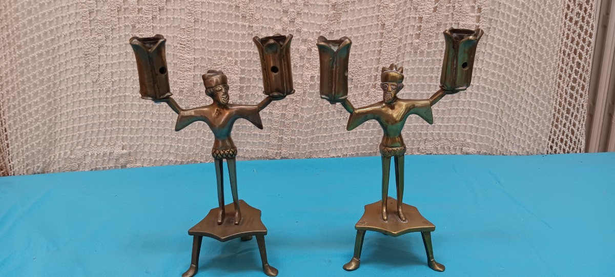 Neo-gothic Bronze Candlesticks - 19th Century