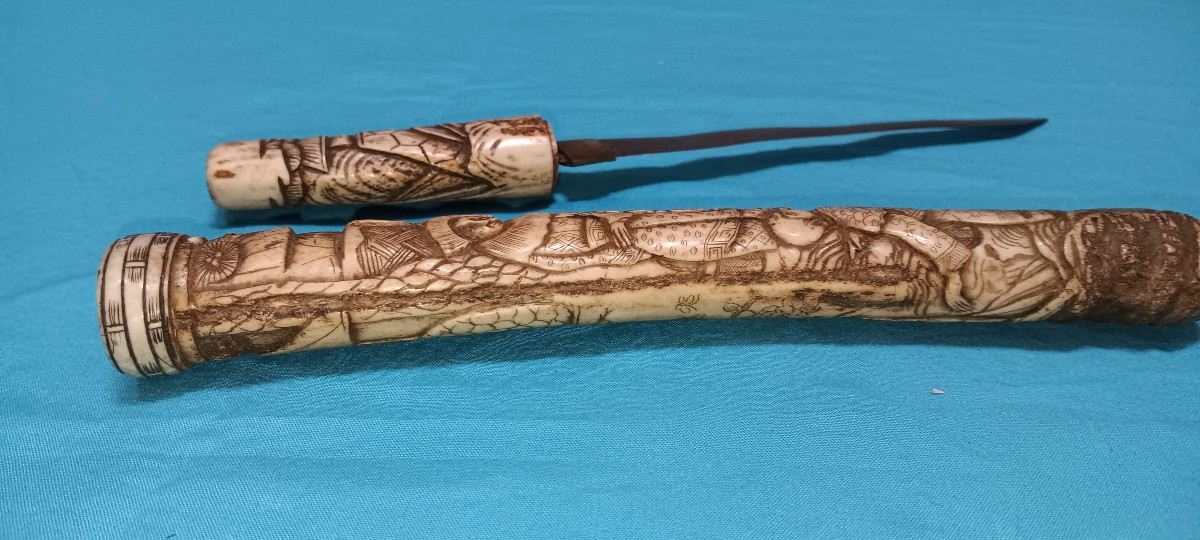 Wakizashi - Sabre Japonais  en Os Sculpté  - XIX siècle-photo-6