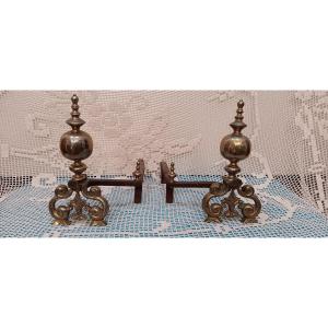 Pair Of Brass And Cast Iron Andirons - 19th Century
