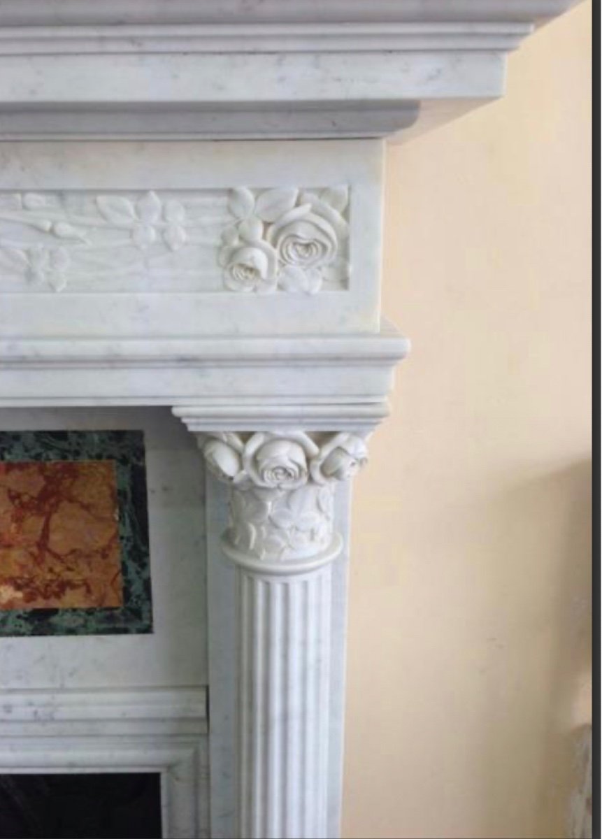  Art Nouveau Fireplace Decorated With Roses In White Carrara Marble-photo-3