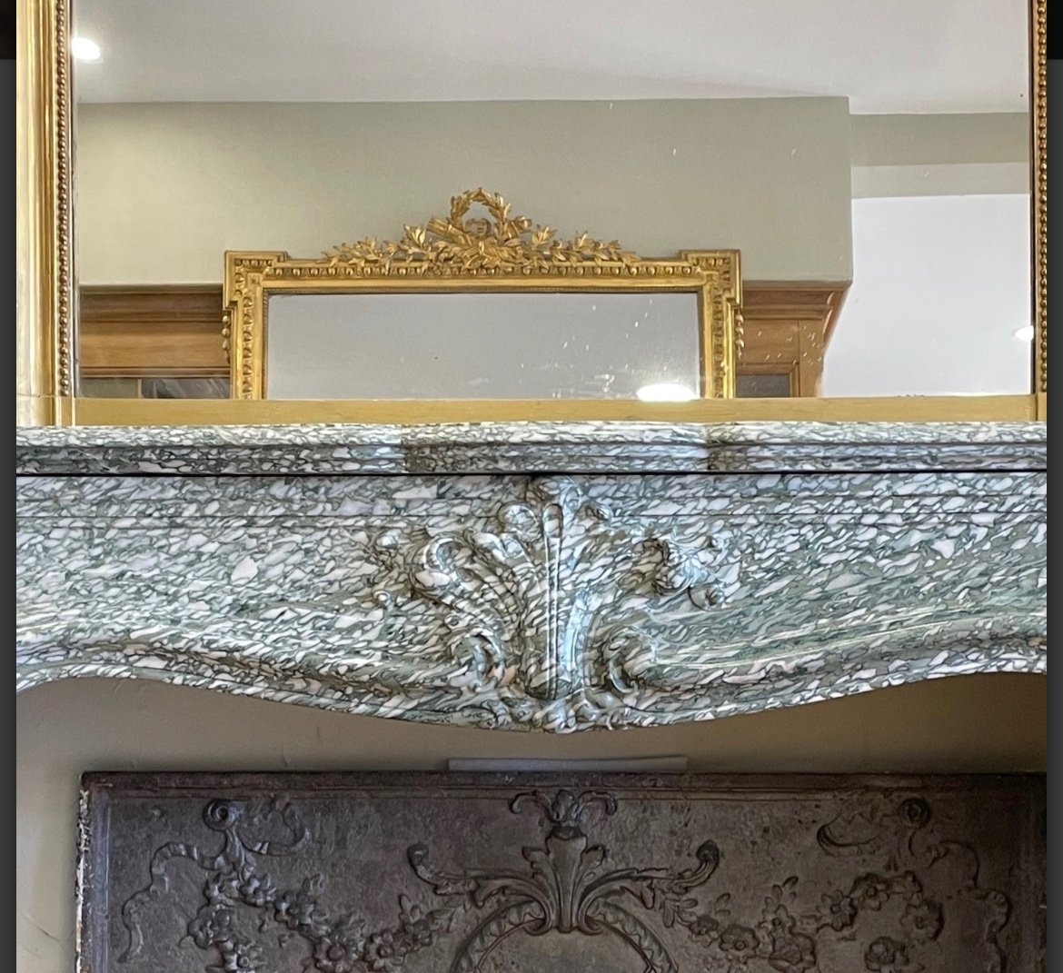 Antique Louis XV Style Fireplace In Green Campan Marble Dating From The End Of The 19th Century-photo-2
