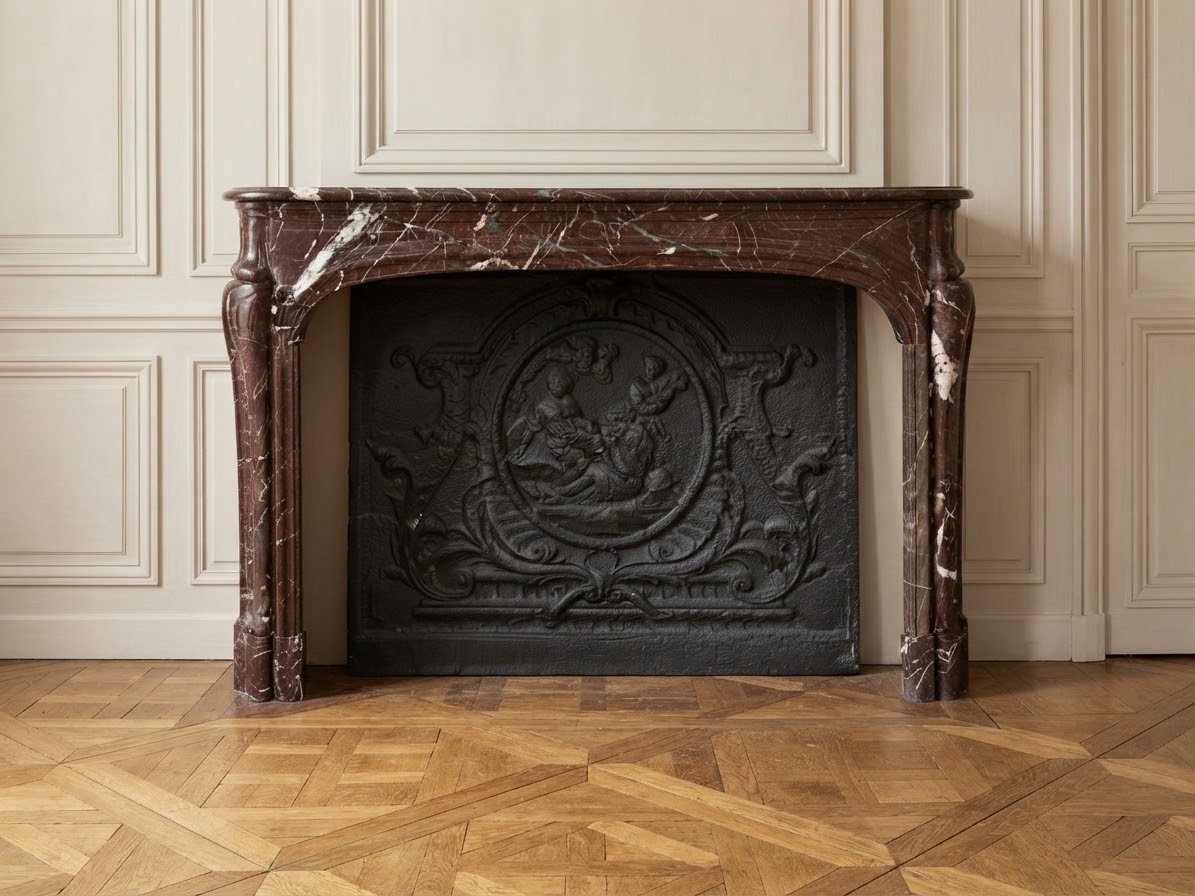 Rare élégante Cheminée Ancienne Louis XIV D’époque En Marbre Campan Rouge