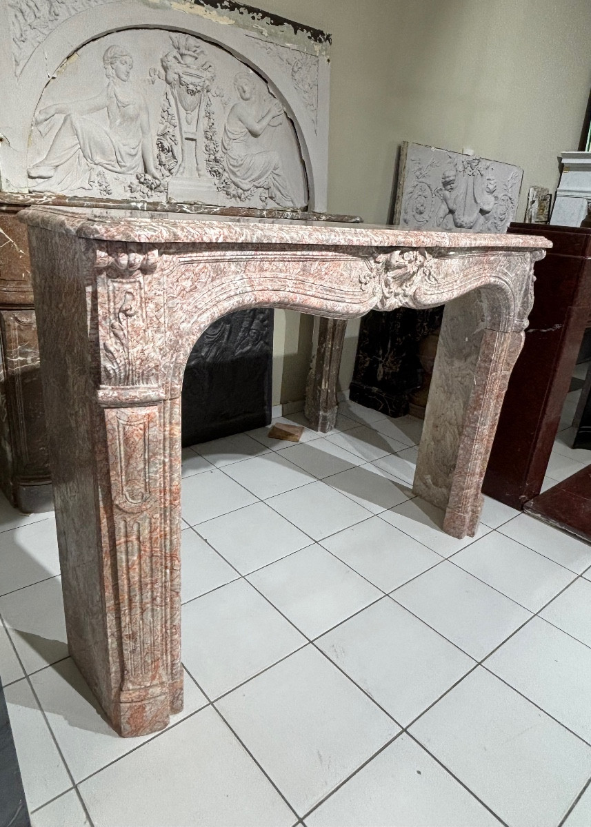 Fine And Elegant Antique Louis XV Style Fireplace In Pink Breche Early 20th Century-photo-4