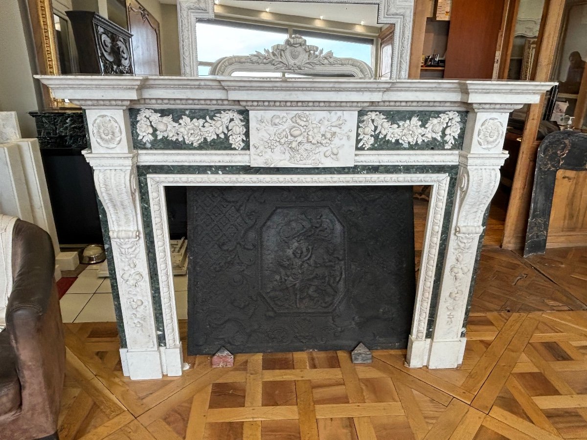 Antique Late 19th Century White And Green Carrara Marble Fireplace-photo-3