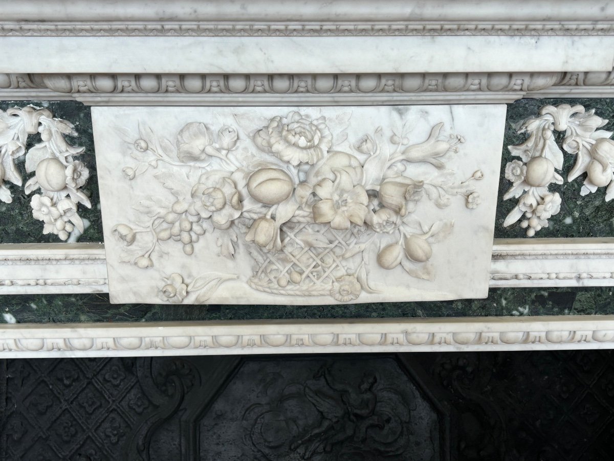 Antique Late 19th Century White And Green Carrara Marble Fireplace-photo-4