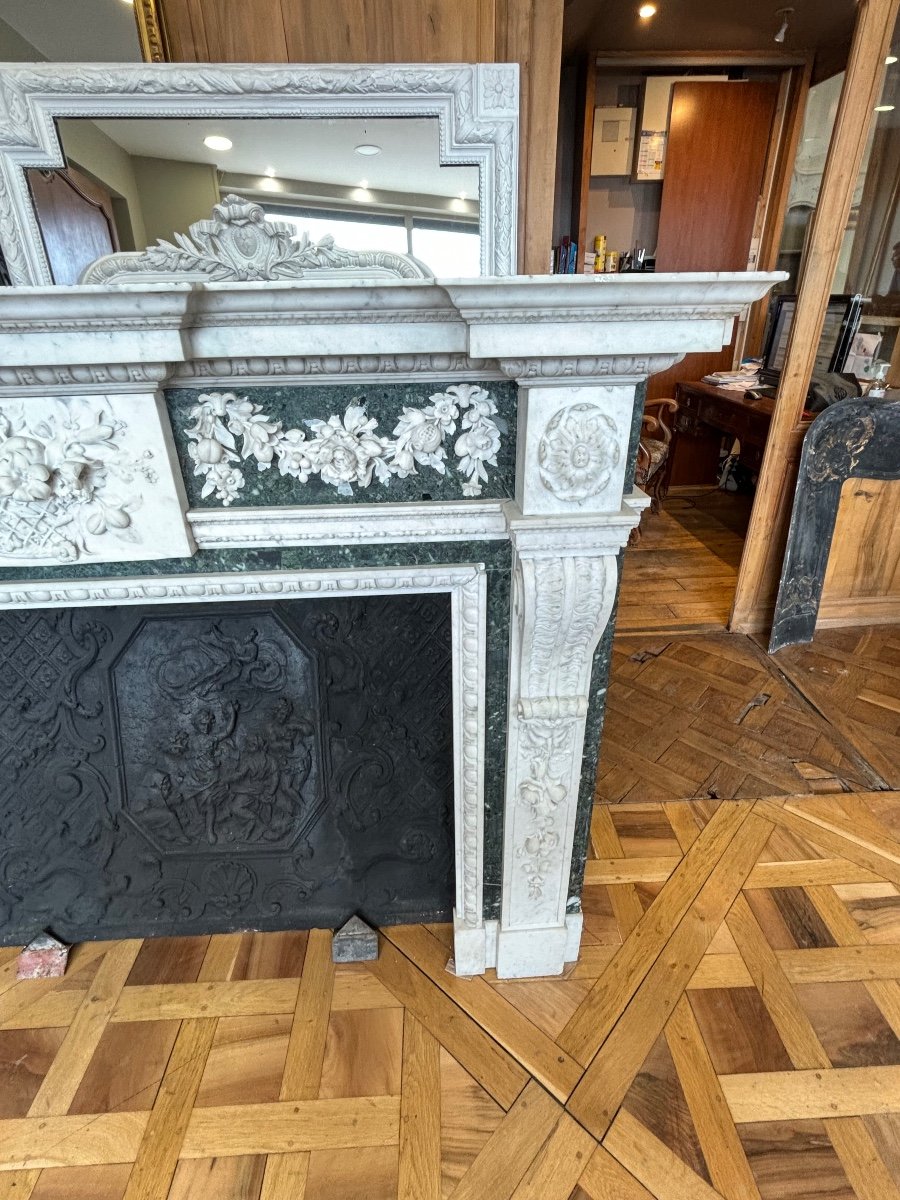 Antique Late 19th Century White And Green Carrara Marble Fireplace-photo-1