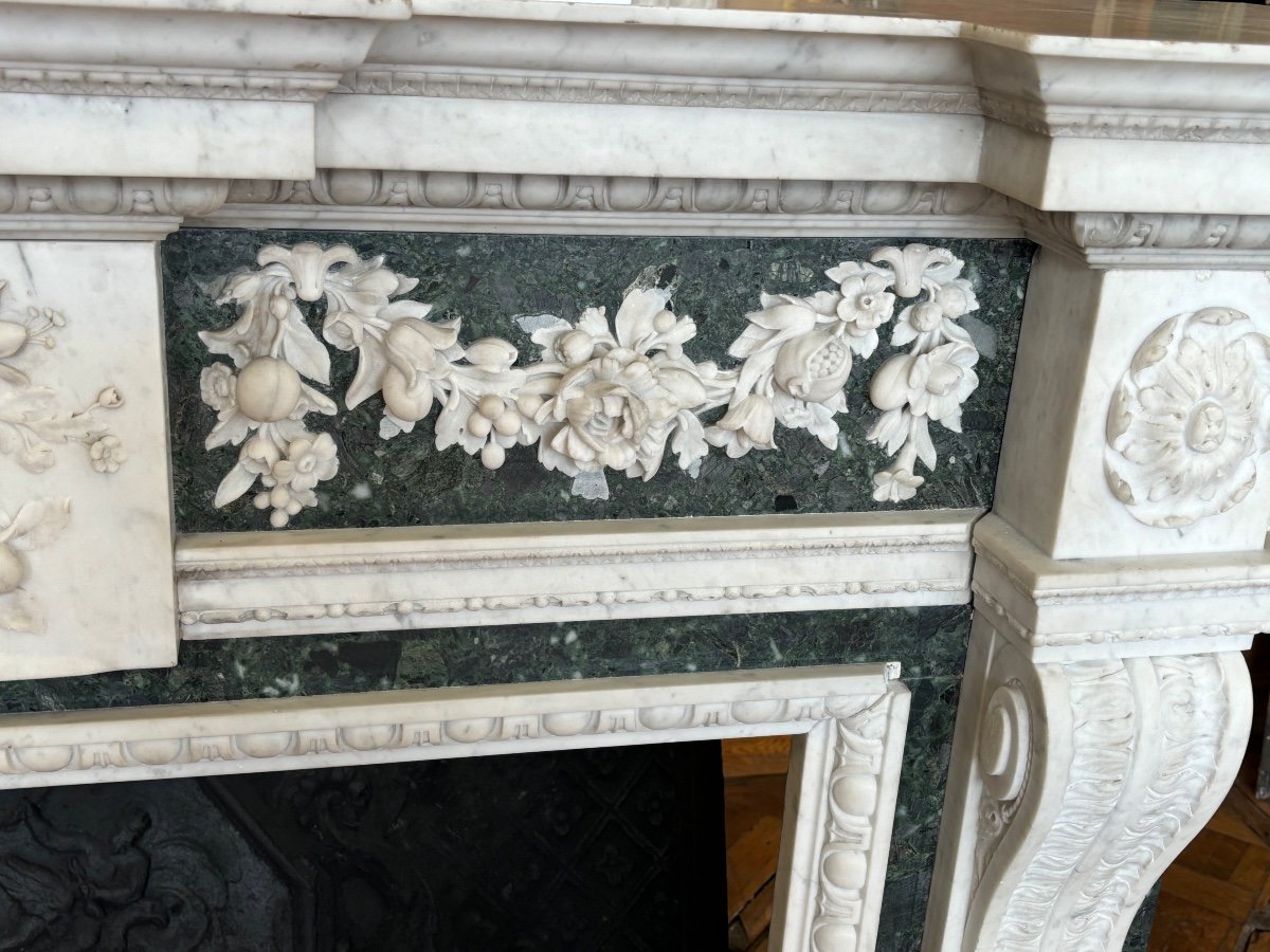 Antique Late 19th Century White And Green Carrara Marble Fireplace-photo-2