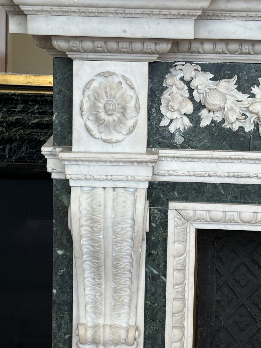 Antique Late 19th Century White And Green Carrara Marble Fireplace-photo-3