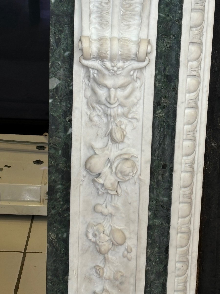 Antique Late 19th Century White And Green Carrara Marble Fireplace-photo-5