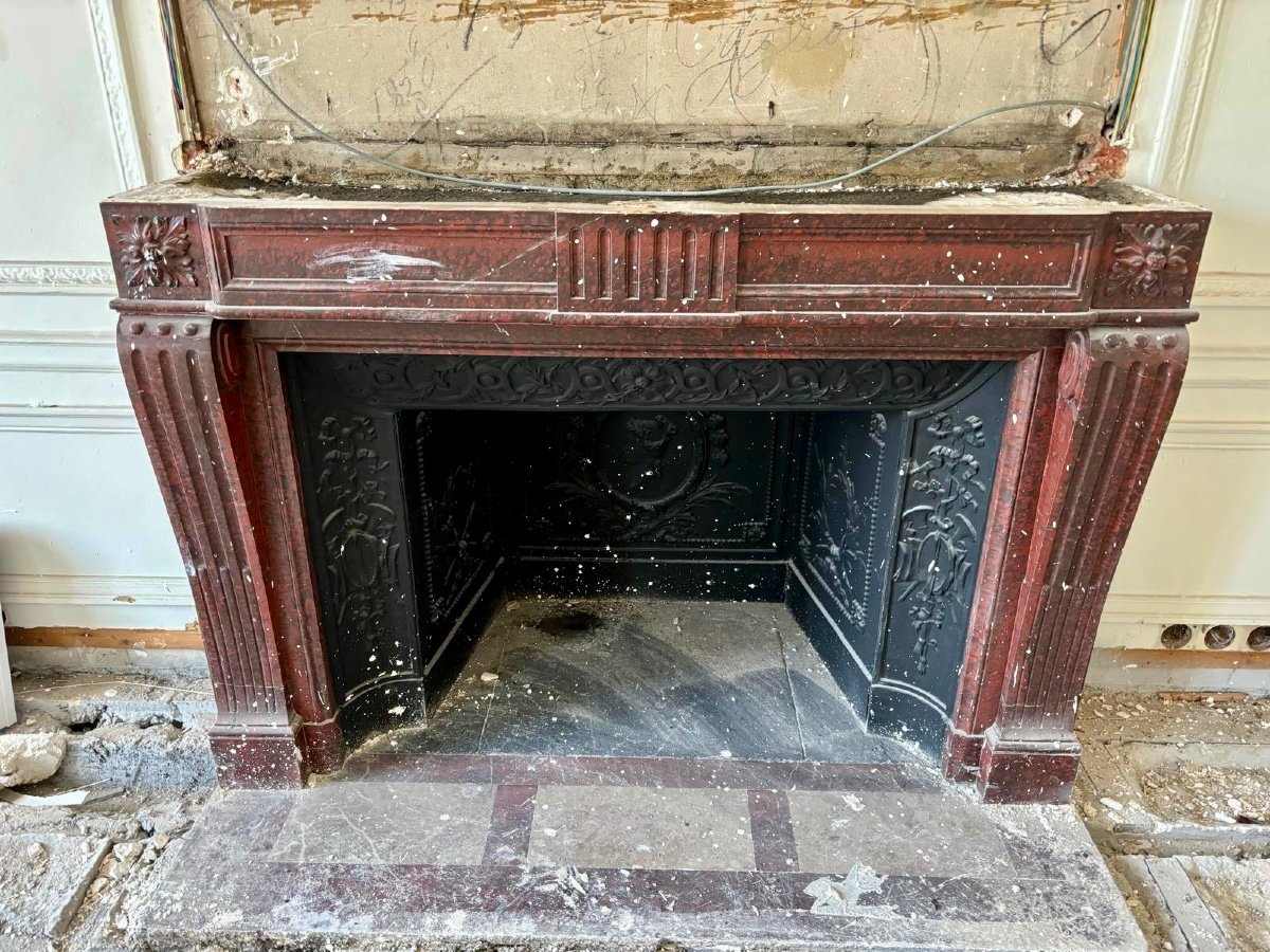 Rare Antique Louis XVI Style Fireplace Made Of Red Griotte Marble, Late 19th Century-photo-3