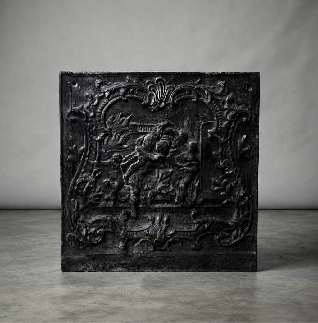 Plaque de cheminée ancienne en fonte ornée d'un riche décor