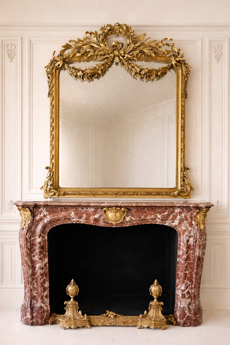 Massive Louis XV Napoleon III Style Fireplace Made Of Red Incarna Turquin Marble