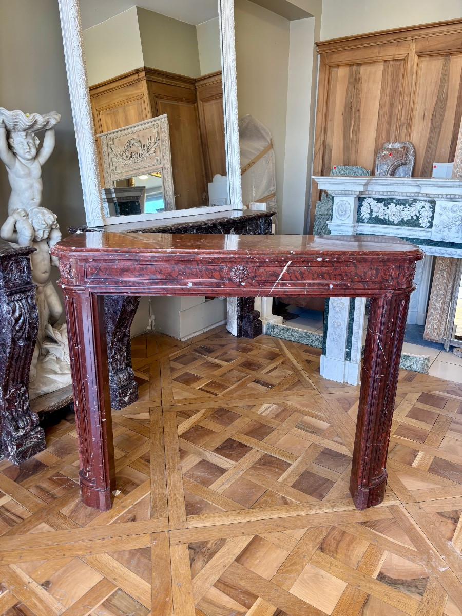 Antique Louis XVI Style Fireplace Made Of Red Griotte Marble Dating From The 19th Century 