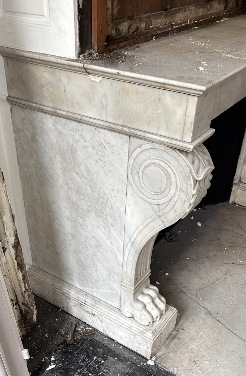 Cheminée Ancienne De Style Empire Réalisée En Marbre De Carrare Blanc Fin Du XIXeme Siècle -photo-2