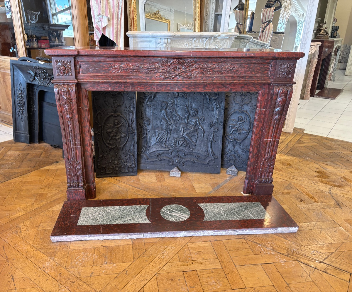Louis XVI Style Marble Fireplace Made In The 19th Century In Rouge Griotte Marble-photo-2