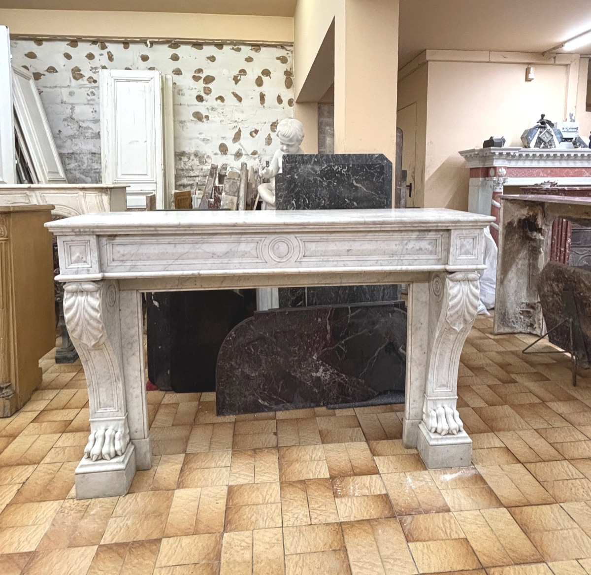 Antique Empire Style Fireplace In White Carrara Marble Dating From The Late 19th Century-photo-2