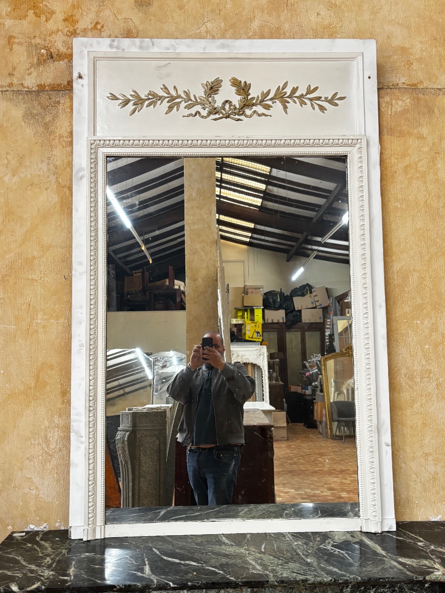 Louis XVI Style Painted And Gilded Wooden Overmantel Mirror With Rameau